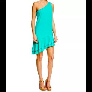 NWT Trina Turk Lunaria One Shoulder Tiered Flounce Dress Canana Teal Sz 6 $258